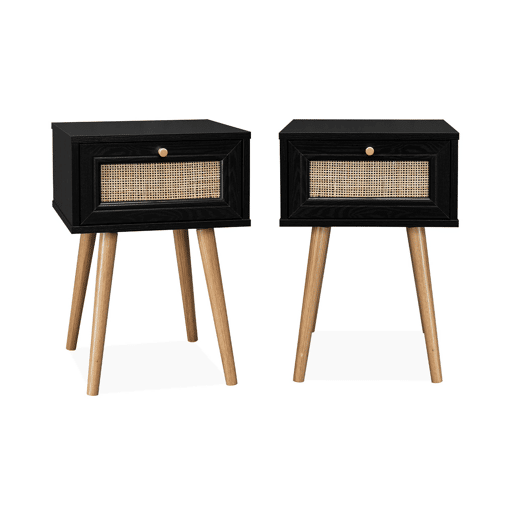 Mesa de cabeceira com efeito de madeira e cana, set de 2, Boheme, Preto, 39x39x55.4 cm