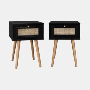 Mesa de cabeceira com efeito de madeira e cana, set de 2, Boheme, Preto, 39x39x55.4 cm