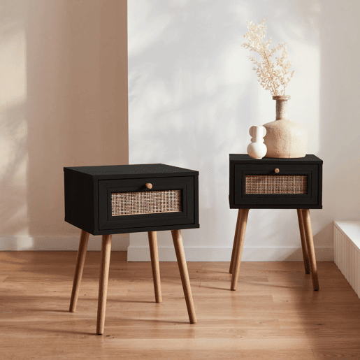 Mesa de cabeceira com efeito de madeira e cana, set de 2, Boheme, Preto, 39x39x55.4 cm