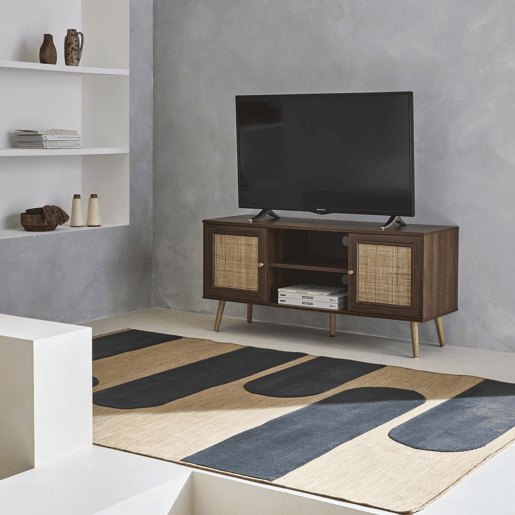Móvel de TV escandinavo em vime, 120cm, Boheme, Madeira escura, 120x39x56.5 cm