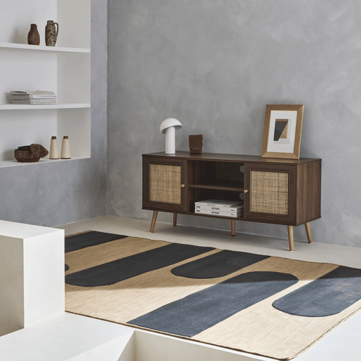 Móvel de TV escandinavo em vime, 120cm, Boheme, Madeira escura, 120x39x56.5 cm