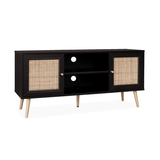 Móvel de TV escandinavo em vime, 120cm, Boheme, Preto, 120x39x56.5 cm
