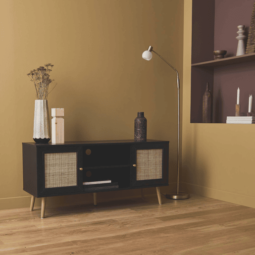 Móvel de TV escandinavo em vime, 120cm, Boheme, Preto, 120x39x56.5 cm
