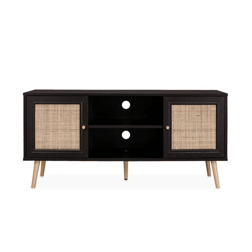 Móvel de TV escandinavo em vime, 120cm, Boheme, Preto, 120x39x56.5 cm