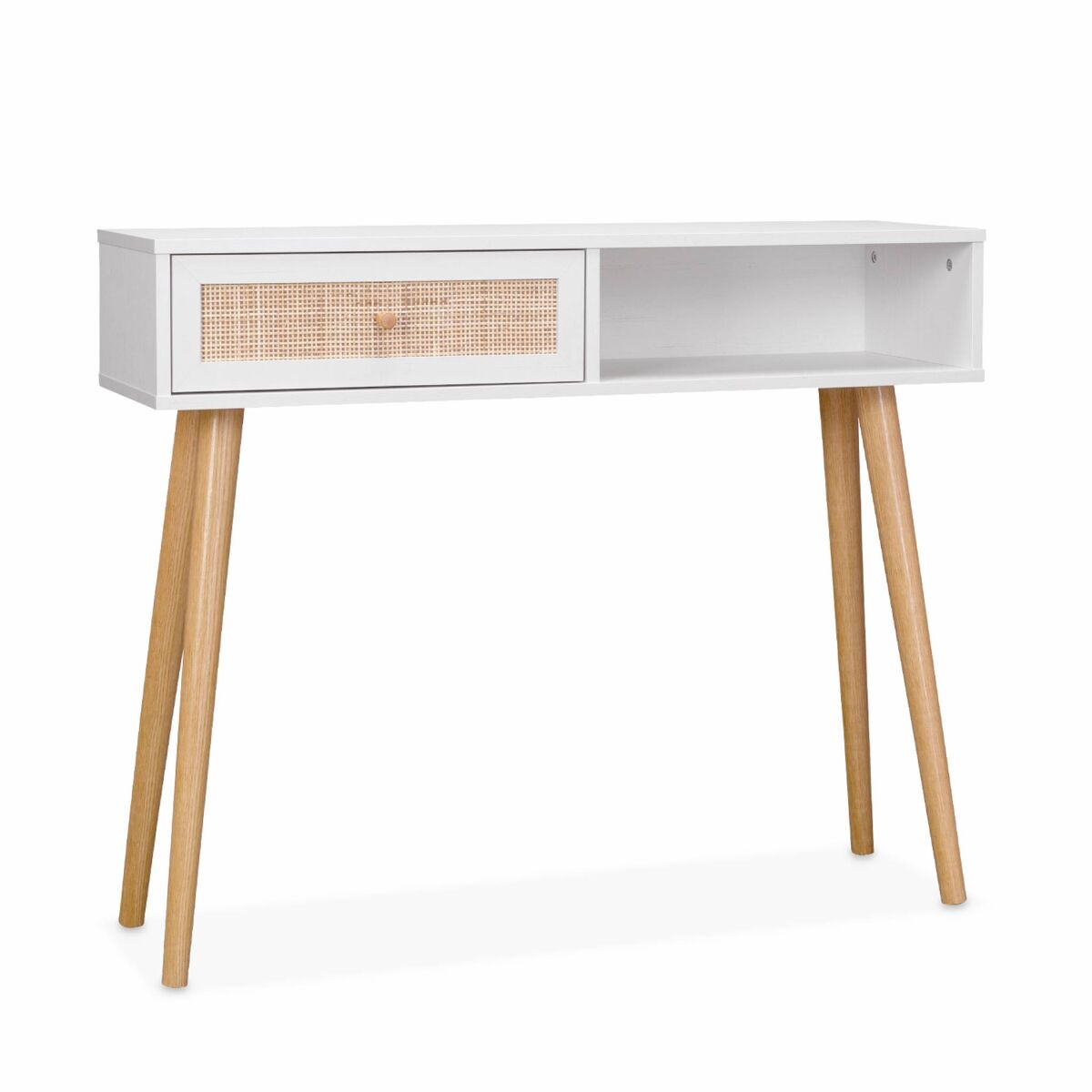 Consola estilo escandinavo de caña, 100cm, boheme, blanco roto, 100x29x81 cm