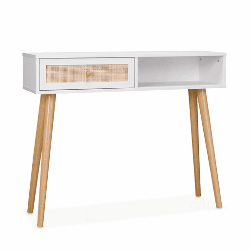 Consola escandinava com efeito de madeira e cana, 100cm, Boheme, Branco sujo, 100x29x81 cm