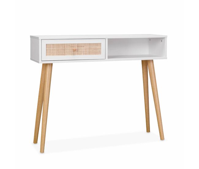Consola estilo escandinavo de caña, 100cm, boheme, blanco roto, 100x29x81 cm