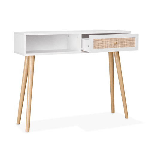 Consola escandinava com efeito de madeira e cana, 100cm, Boheme, Branco sujo, 100x29x81 cm