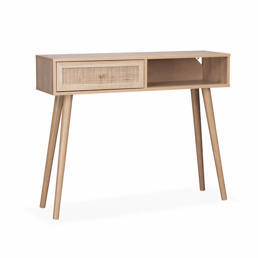 Consola escandinava com efeito de madeira e cana, 100cm, Boheme, Natural, 100x29x81 cm