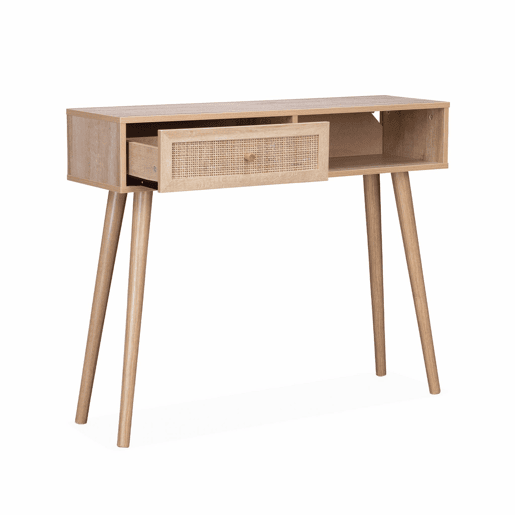 Consola escandinava com efeito de madeira e cana, 100cm, Boheme, Natural, 100x29x81 cm