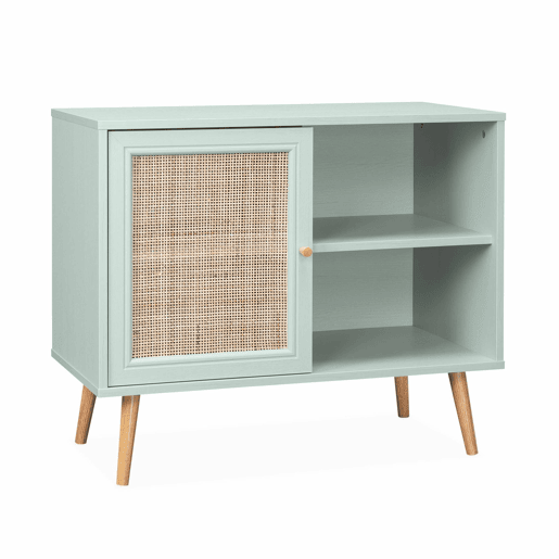 Aparador com efeito de madeira e cana de 1 porta, 80cm, Boheme, Verde celadon, 80x39x65.8 cm