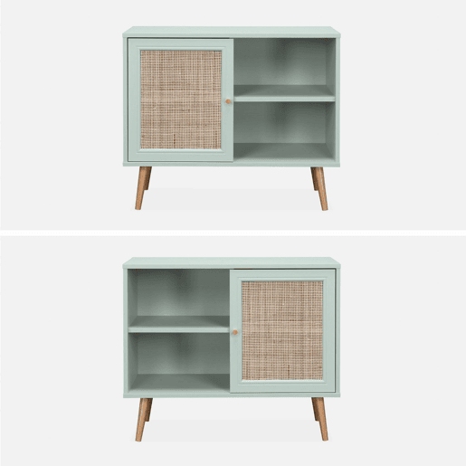 Aparador com efeito de madeira e cana de 1 porta, 80cm, Boheme, Verde celadon, 80x39x65.8 cm