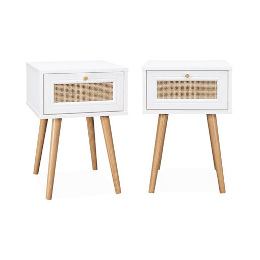 Mesa de cabeceira com efeito de madeira e cana, set de 2, Boheme, Branco sujo, 39x39x55.4 cm