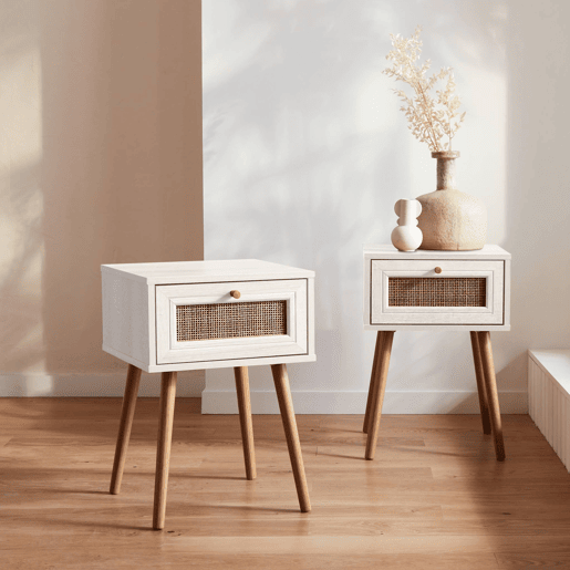 Mesa de cabeceira com efeito de madeira e cana, set de 2, Boheme, Branco sujo, 39x39x55.4 cm
