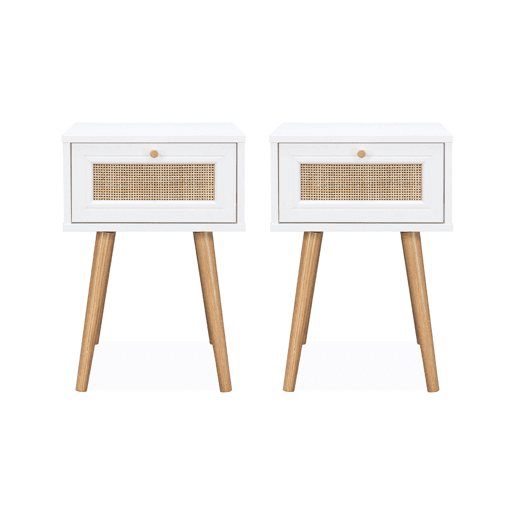 Mesa de cabeceira com efeito de madeira e cana, set de 2, Boheme, Branco sujo, 39x39x55.4 cm