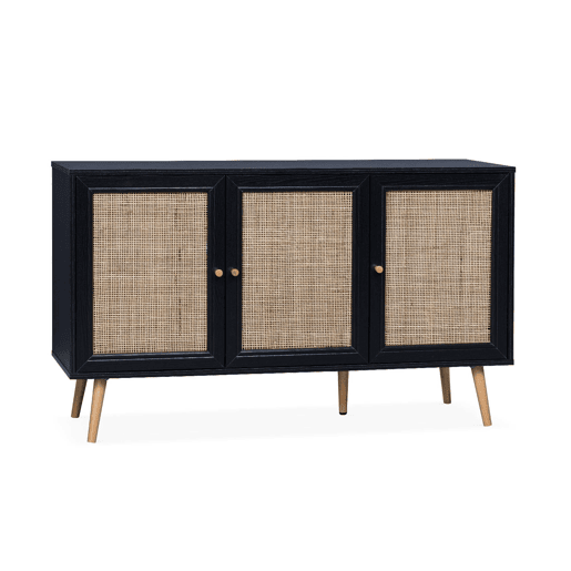 Aparador com efeito de madeira e cana de 3 portas, 120cm, Boheme, Preto, 120x39x70 cm