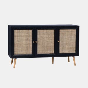 Aparador com efeito de madeira e cana de 3 portas, 120cm, Boheme, Preto, 120x39x70 cm