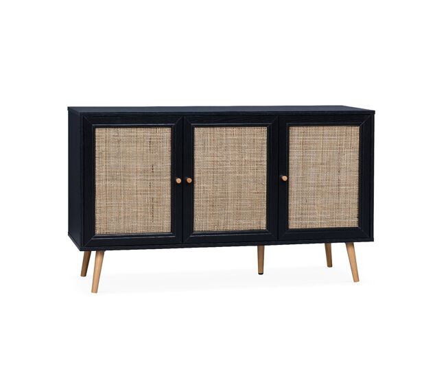 Aparador 3 puertas de caña, 120cm negro - 120x39x70 cm