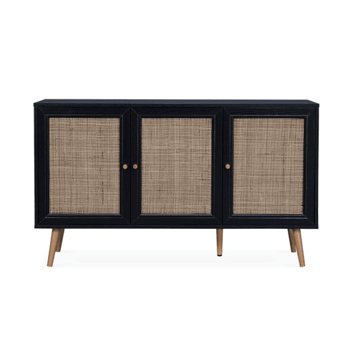Aparador com efeito de madeira e cana de 3 portas, 120cm, Boheme, Preto, 120x39x70 cm