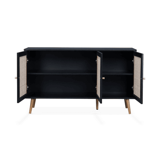 Aparador com efeito de madeira e cana de 3 portas, 120cm, Boheme, Preto, 120x39x70 cm