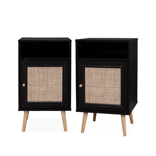 Mesa de cabeceira de vime escandinava, set de 2, Boheme, Preto, 39x40x70 cm