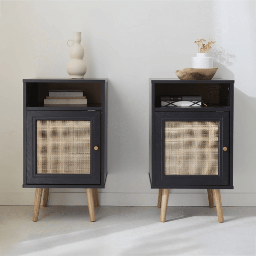 Mesa de cabeceira de vime escandinava, set de 2, Boheme, Preto, 39x40x70 cm