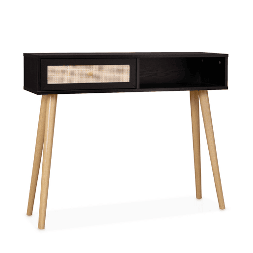 Consola escandinava com efeito de madeira e cana, 100cm, Boheme, Preto, 100x29x81 cm