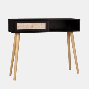 Consola escandinava com efeito de madeira e cana, 100cm, Boheme, Preto, 100x29x81 cm