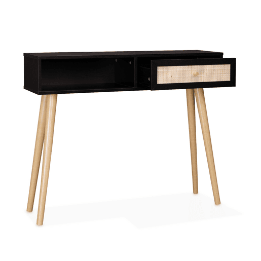 Consola escandinava com efeito de madeira e cana, 100cm, Boheme, Preto, 100x29x81 cm