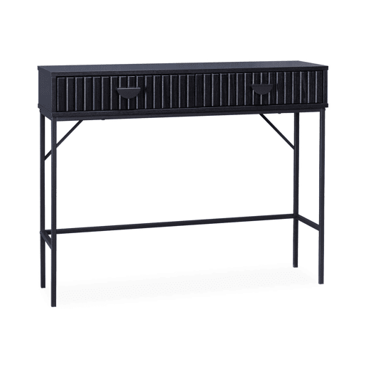 Consola com efeito de madeira ranhurada de 2 gavetas, Bazalt, Preto, 100x29x79.5 cm