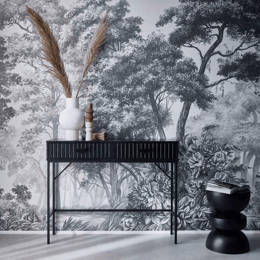 Consola com efeito de madeira ranhurada de 2 gavetas, Bazalt, Preto, 100x29x79.5 cm
