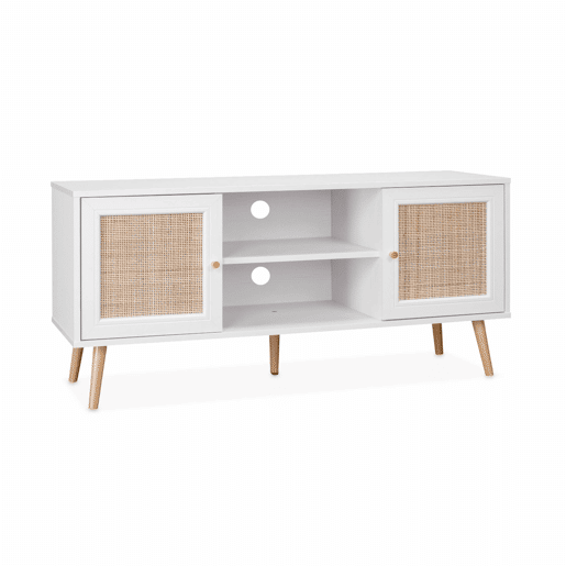 Móvel de TV escandinavo em vime, 120cm, Boheme, Branco, 120x39x56.5 cm
