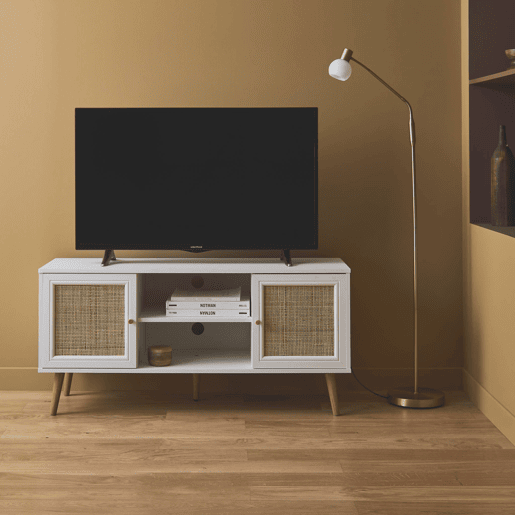 Móvel de TV escandinavo em vime, 120cm, Boheme, Branco, 120x39x56.5 cm
