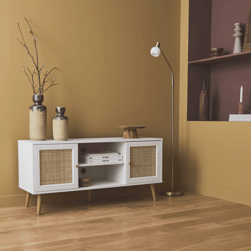 Móvel de TV escandinavo em vime, 120cm, Boheme, Branco, 120x39x56.5 cm