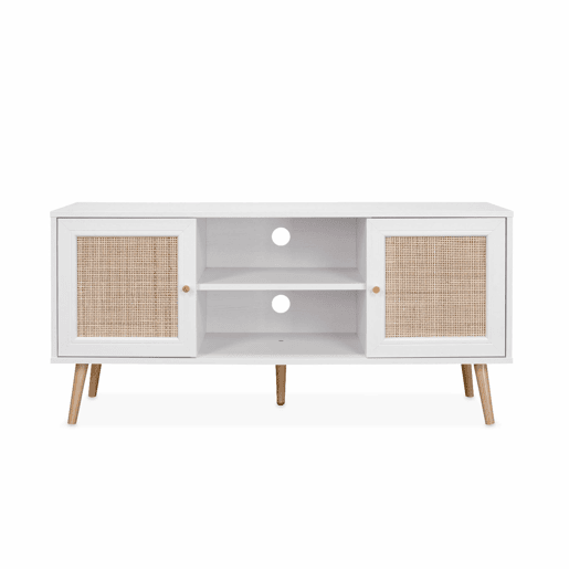 Móvel de TV escandinavo em vime, 120cm, Boheme, Branco, 120x39x56.5 cm