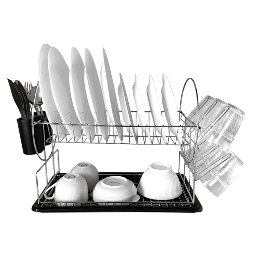 Escorredor de pratos de cozinha em aço inoxidável Nyana Home com tabuleiro amovível - 2 camadas - laterais com talheres e suporte para copos