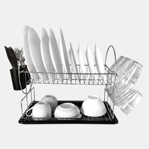 Escorredor de pratos de cozinha em aço inoxidável Nyana Home com tabuleiro amovível - 2 camadas - laterais com talheres e suporte para copos