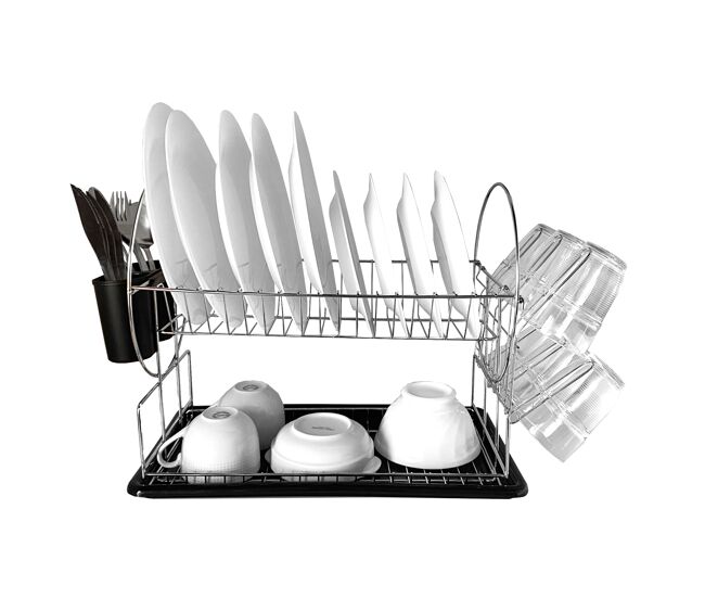 Escurridor de platos de cocina de acero inoxidable nyana home con bandeja extraíble - 2 niveles - laterales con soporte para cubiertos y tazas