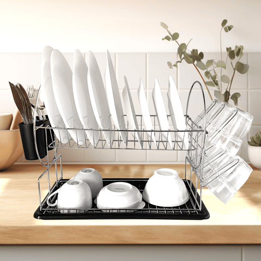 Escorredor de pratos de cozinha em aço inoxidável Nyana Home com tabuleiro amovível - 2 camadas - laterais com talheres e suporte para copos