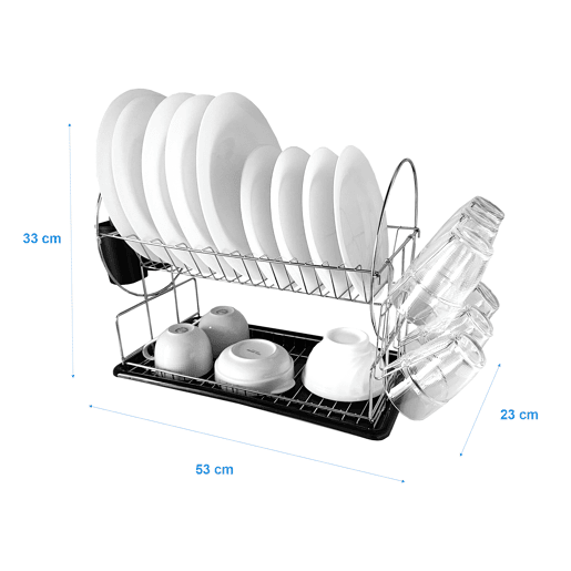 Escorredor de pratos de cozinha em aço inoxidável Nyana Home com tabuleiro amovível - 2 camadas - laterais com talheres e suporte para copos