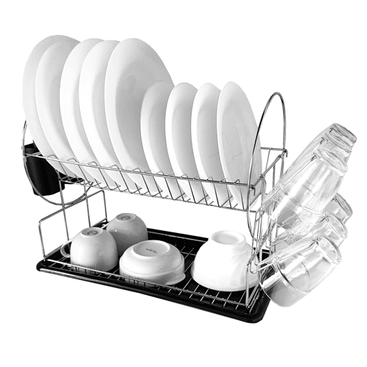 Escorredor de pratos de cozinha em aço inoxidável Nyana Home com tabuleiro amovível - 2 camadas - laterais com talheres e suporte para copos