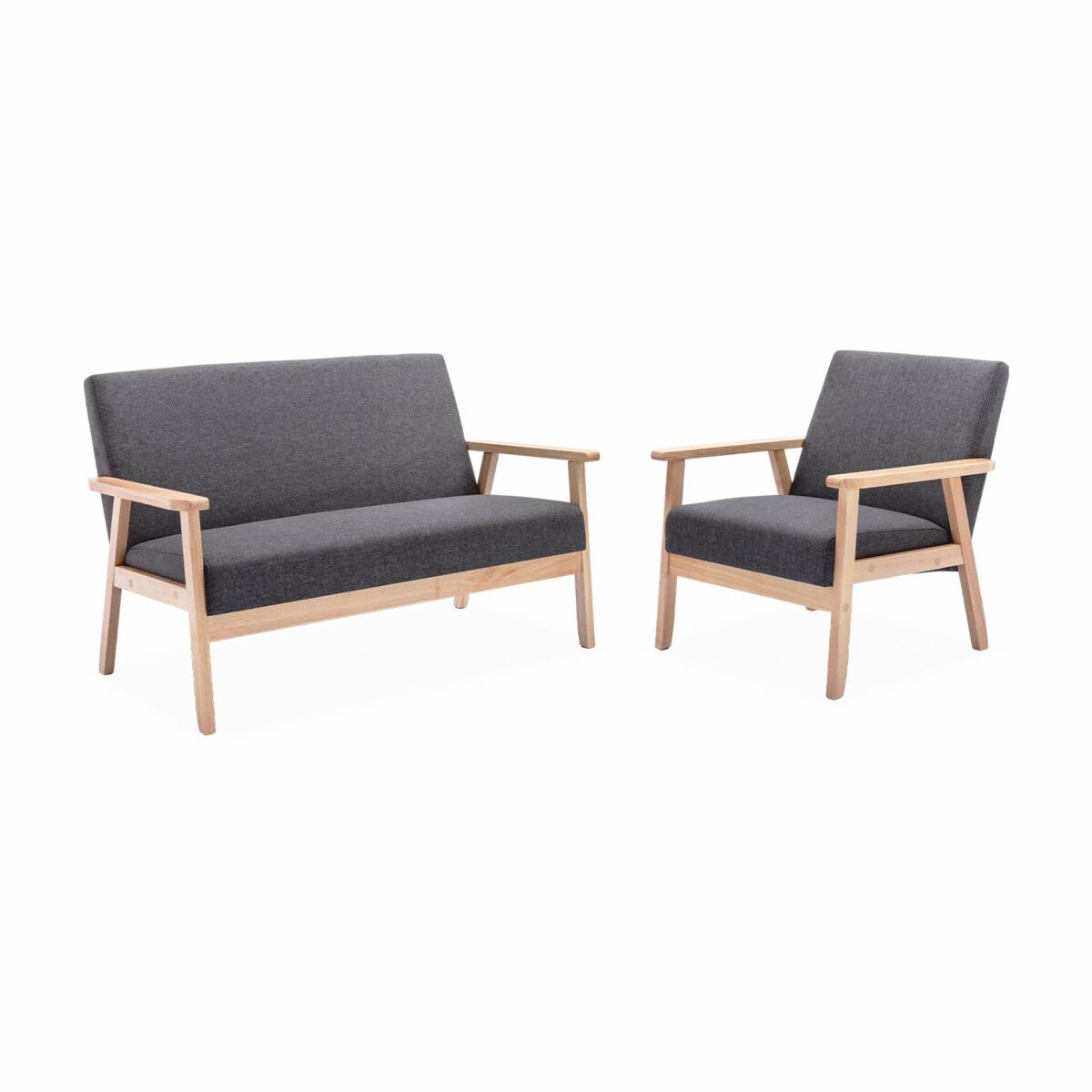 Banco y sillón de madera y tela, 3 plazas Gris