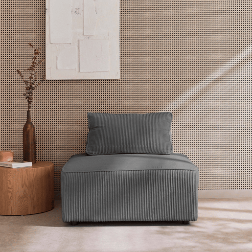 Módulo para sofá modular de veludo canelado, 1 lugar, Lao, Cinza escuro, 90x90x40 cm