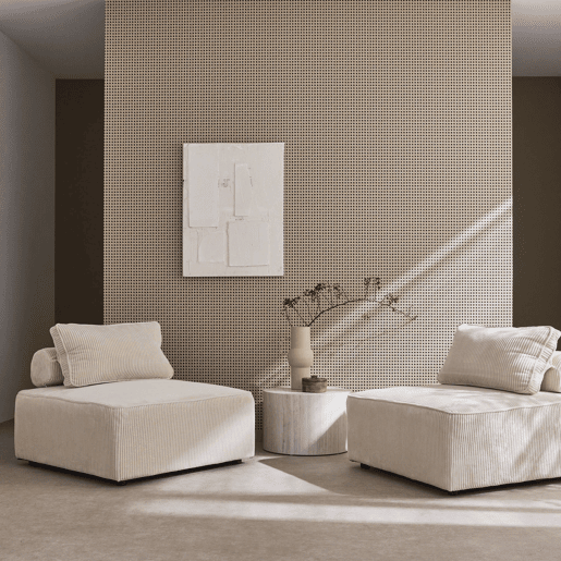 Sofá modular em tecido veludo canelado de 2 lugares, Lao, Creme, 90x90x40 cm