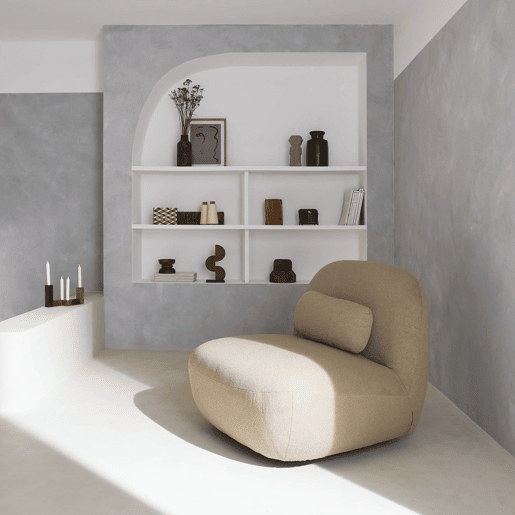 Poltrona giratório 360º em tecido boucle texturado, Spino, Beige, 85x85x75 cm