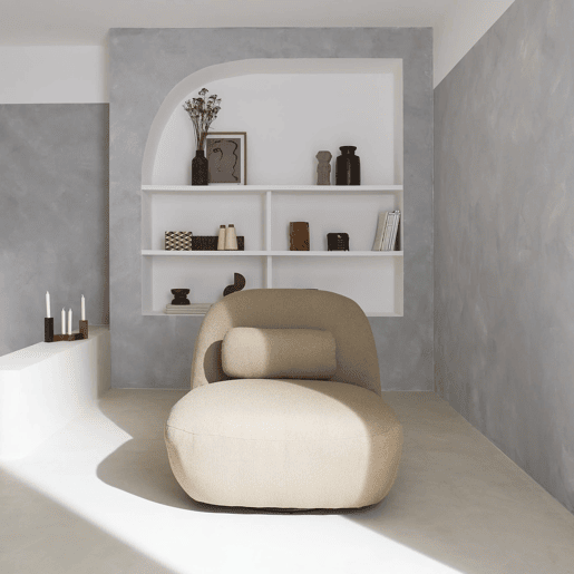Poltrona giratório 360º em tecido boucle texturado, Spino, Beige, 85x85x75 cm