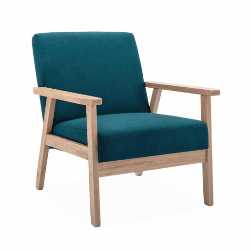 Cadeirão escandinavo em madeira e tecido, Isak, Azul esmeralda, 64x69.5x73 cm