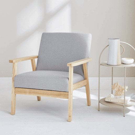 Cadeirão escandinavo em madeira e tecido, Isak, Cinza Claro, 64x69.5x73 cm