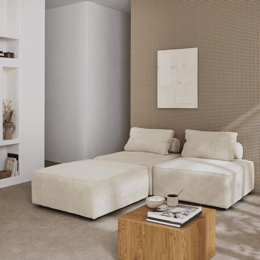 Sofá modular em veludo canelado, 3 lugares, Lao, Creme, 90x90x40 cm