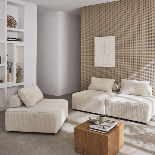 Sofá modular em veludo canelado, 3 lugares, Lao, Creme, 90x90x40 cm